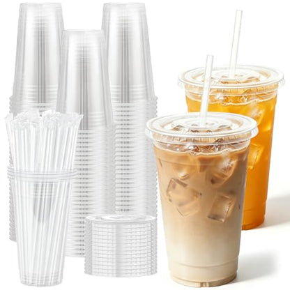 20 oz 50 Pack Disposable Clear Plastic Cups with Lids and Straws - size: 20 oz