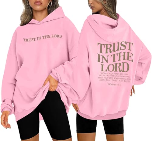 UNIQUEONE Trust in the Lord Christian Hoodies - Faith Religious Graphic Sweatshirts Women Bible Verse God Pullover Tops - color: Pink, size: Medium