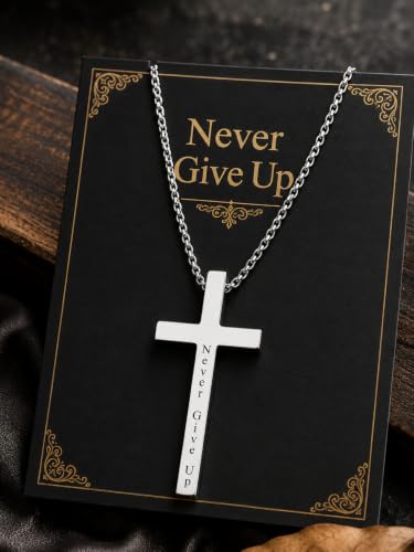 Engraved Cross Necklace for Men, Women & Boys & Girls Cross Necklace, Stainless Steel Cross Pendant Necklace, Faith & Inspiration Christian Jewelry Gift - color: Never Give Up