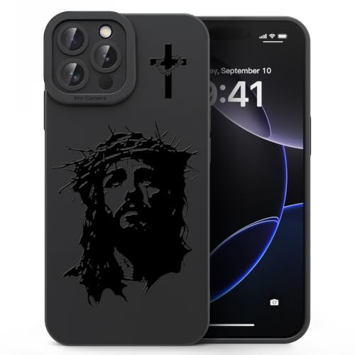 for iPhone 15 Pro Max Christian Phone Case, Crown Thorns Design - color: Black-Jesus Face, size: iPhone 15 Pro Max