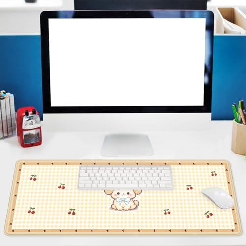 Cute Puppy Mouse Pad Cartoon Cherry Gingham Mousepad Extended Large Laptop Keyboard Non-Slip Rubber Base with Stitched Edges for Home 31.5x11.8 Inch - color: Cute Puppy, size: 31.5" x 11.8"