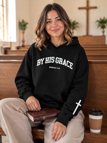 FAYALEQ Christian Sweatshirt By His Grace Letter Print Hoodie Christian Religious Sayings Sweater Bible Pullover Tops - color: Black, size: XX-Large