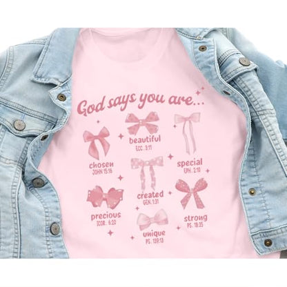 KEEVICI Cute Girls Bow God Shirt Christian Graphic Tees Jesus Shirts for Kids Bible Verse Inspirational Religious T Shirts - color: Pink, size: 9-10 Years