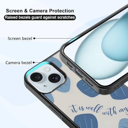 Aesthetic Blue Christian Floral Phone Case Compatible with iPhone 15 6.1 Inch, Cute Jesus Bible Verse Design, TPU Shockproof Protective Cover for Women Girls, Wireless Charging Compatible - color: iPhone 15