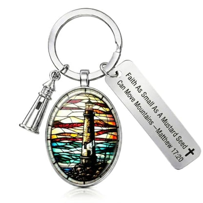 3D Glass Lighthouse Keychain with Bible Verses,Christian Gifts for Women Faith - color: Matthew 17:20