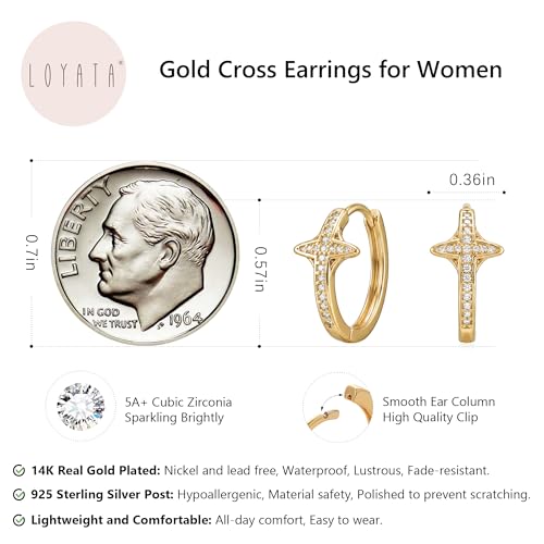 LOYATA Gold Cross Earrings for Women-14K Gold Plated Small Hoop Huggie Earrings Dainty Trendy CZ Cross Hoop Earring Cute Hypoallergenic Hoops Jewelry Gifts for Women Mothers Day Gifts for Mom - color: CZ Style4