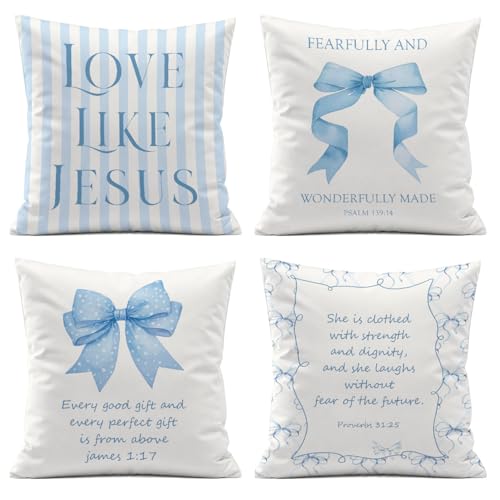Christian Throw Pillow Covers,Love Like Jesus,Blue Bow Bible Pillow Covers for Bedroom Living Room Decor,Christian Gifts for Women Teen Girls,18x18 Inch Pillowcase Set of 4 - color: Love Like Jesus