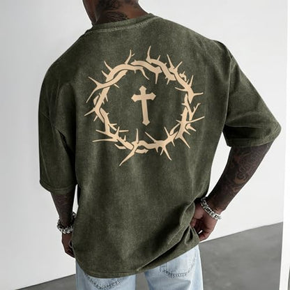 Mens Faith Over Fear Christian Shirts Jesus God Religious Bible Verse Cross Tshirt Oversized Acid Wash Graphic Tees - color: Army Green, size: X-Small