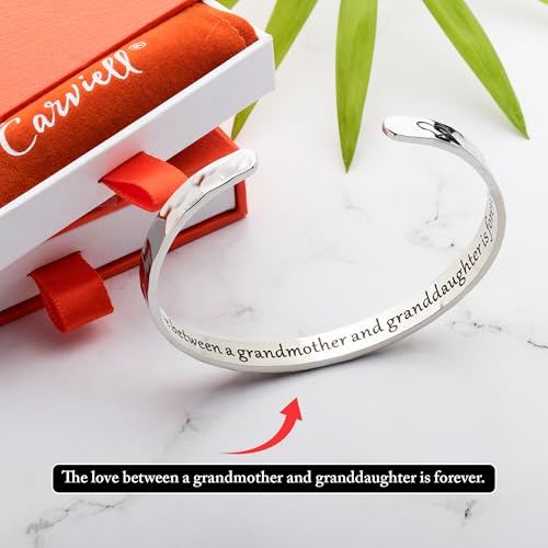 Carviell Bracelets for Women – 100+ Meaningful Engraved Messages – Solid 316L Surgical Stainless Steel Cuff Bracelet – Gift Ready - color: GRANDDAUGHTER GRANDMA Gift - The love between a grandmother and granddaughter is forever