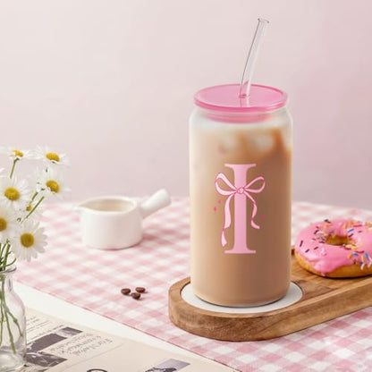 Monogrammed Glass Drinking Can Cup with Acrylic Lid and Straw, Personalized Frosted Iced Coffee Tumbler 16oz, Monogram Initial Gifts for Women Girls on Birthday (I) - color: I