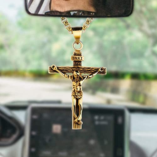 Cross Pendant for Car Rearview Mirror Charm Jesus Cross Necklace Jewelry Men Auto Interior Car Decor Crucifix Christian Religious Gift (Bronze) - color: Bronze