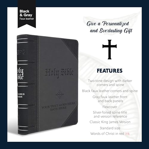 Personalized KJV Giant Print Bible King James Version Two-Tone Faux Leather Holy Bible with Custom Name Includes Up to 3 Rows of Text, Custom Gift for Christian & Religious Celebrations - color: Gray/Black | Index Tabs