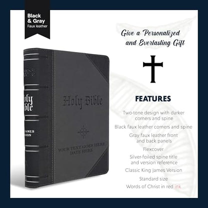 Personalized KJV Giant Print Bible King James Version Two-Tone Faux Leather Holy Bible with Custom Name Includes Up to 3 Rows of Text, Custom Gift for Christian & Religious Celebrations - color: Gray/Black | Index Tabs