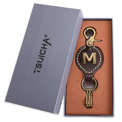 Initial Letter Keychain Brown Leather Alphabet Keychain with Easy Clasp, Key Car Key Bag Key Ring for Women Mens - color: M