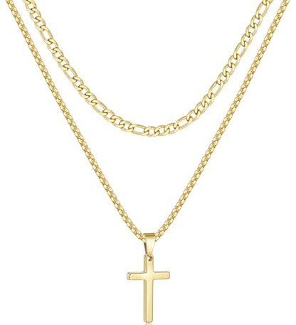 Fiusem 2 Pcs Cross Necklace Chain for Men, Stainless Steel Pendant - color: Gold, size: 20/22 Inches