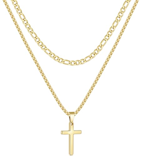 Fiusem 2 Pcs Cross Necklace Chain for Men, Stainless Steel Pendant - color: Gold, size: 18 /20 Inches