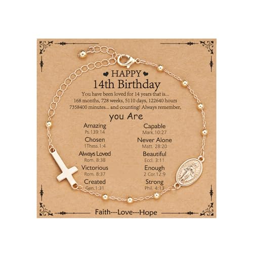 Gnamy Happy 13th 15th 16th 21th 30th 40th 50th Birthday Bracelet Gifts for Women Girls, 14k Gold Plated Virgin Mary Cross Bracelet Catholic Religious Friendship Jewelry for Her - style: 14th Birthday