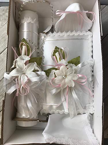 OOKi- Flower Cross Baptism Candle Set Kit for Christenings with Shell - Spanish (Pink) - color: Pink
