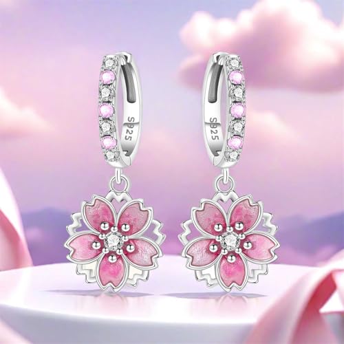 925 Sterling Silver Drop & Dangle Earrings for Women,Butterfly Dragonfly and Bee|Flower and leaf Earrings, Suitable for Sensitive Ears Fashion Jewelry Gift- Hypoallergenic Earrings - color: Cherry blossom