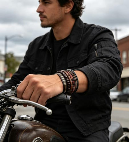 HZMAN Handmade Hemp Cords Wood Beads Leather Bracelets for Men Women - style: Classic Style