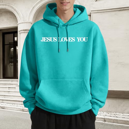 Christian Jesus Loves You Hoodies for Teen Religious Faith Sweatshirts Bible Verse Graphic Youth Hoodie - color: Blue Green, size: X-Large