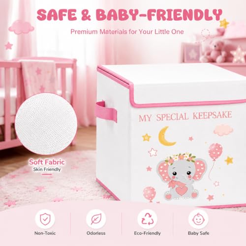 Baby Memory Keepsake Box 16x12x12 Inch Elephant Dinosaur Pattern - color: pink