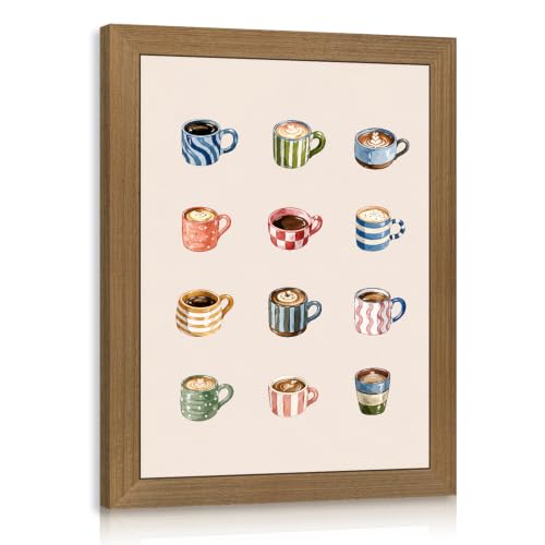 OPFDE Wood Framed Coffee Cups Wall Art, Minimalist Coffee Bar Poster Print, Colorful Espresso Latte Illustration Wall Decor, Vintage Cafe Kitchen Artwork for Dining Room Breakfast Office 8x10 Inch - color: Illustration, size: 10"L x 8"W