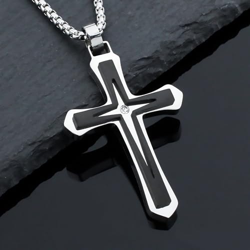 MGOOL Son Gifts From Mom To My Son Necklace From Dad Faith Cross Necklace Present Graduation Birthday Gifts Message Card＆LED Gift Box - color: SN928 Silver-black Wooden Led Box