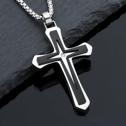 MGOOL Son Gifts From Mom To My Son Necklace From Dad Faith Cross Necklace Present Graduation Birthday Gifts Message Card＆LED Gift Box - color: SN928 Silver-black Wooden Led Box