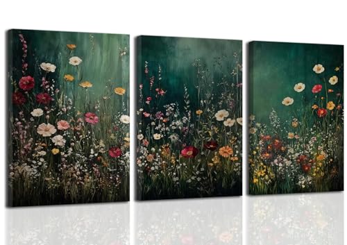 CXQILVER Vintage Wildflower Canvas Wall Art Set of 3, Moody Dark Green Botanical Floral Wall Decor Rustic Farmhouse Flower Landscape Posters Prints Pictures for Living Room Bedroom 16x24 Inch Framed - color: Green flowers, size: 24"L x 16"W