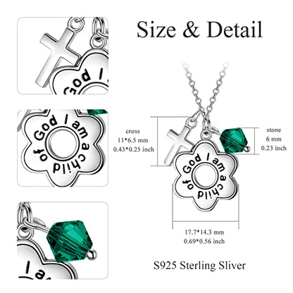 AOBOCO 925 Sterling Silver I Am a Child of God Daisy Necklace Jewelry Birthday Birthday Baptism Communion Gifts for Girls - color: Simulated Emerald