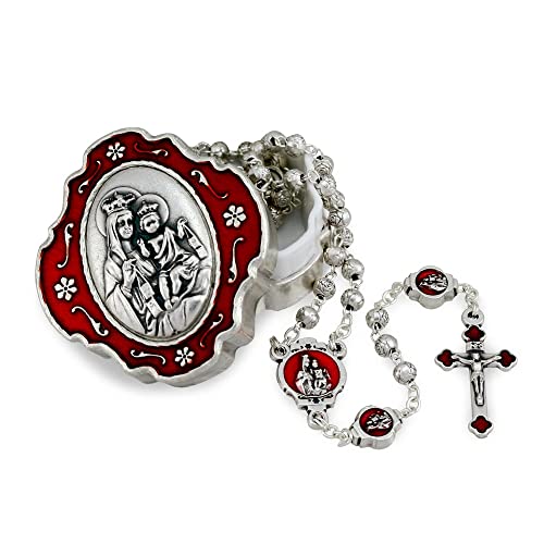 Catholic Rosary Beads with Metal Keepsake Gift Box Set - color: Lady of Mount Carmel Red