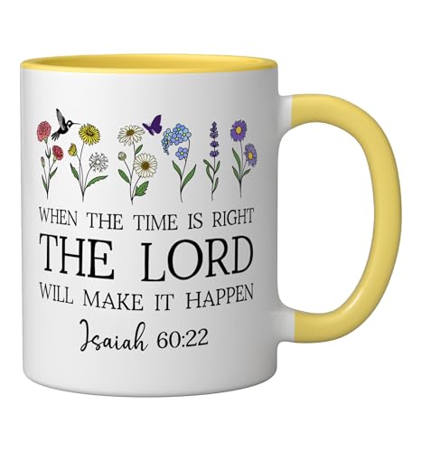 When the Time Right The Lord Will Make Happen Isaiah 60:22 Ceramic Mug, Yellow/White, 11oz - color: Yellow/White, size: 11 Ounces