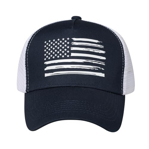 Baseball Cap, American Flag Trucker Hat for Men Women, Breathable Adjustable Fit Outdoor Mesh Snapback Hats - color: Navy/White Flag
