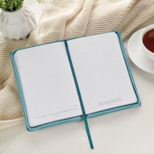 Christian Art Gifts Inspirational Zippered Journal, All Things Through Christ Wide Ruled Notebook, Phil. 4:13 Bible Verse, Teal Vegan Leather Floral, 336 Lined Pages w/scripture, (9” x 6.4” x .9”)