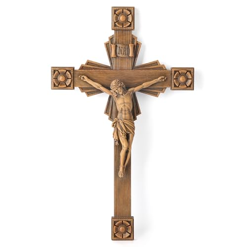 BC Catholic Crucifix Wall Cross, Jesus Christ Home Decor, Wood Carve Looking, 12"H, Hand Painted by Buildclassic - color: Wooden