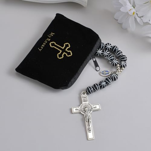 Basketball Bead Sports Necklace Catholic Rosary with Crucifix Cross Pendant Baptism Birthday Gift for Men Boys in Customized Velvet Bag - color: Black
