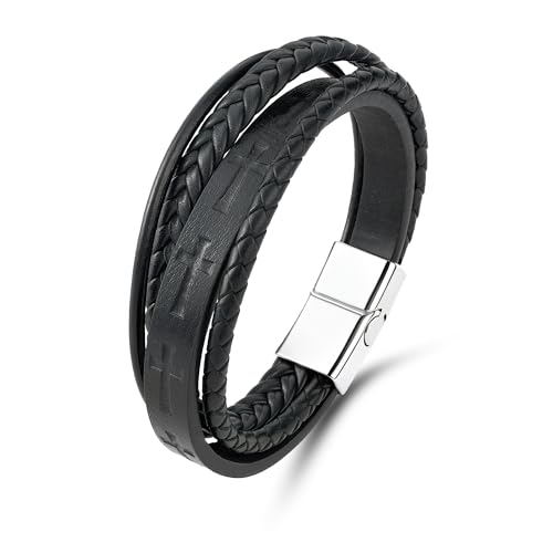 Mens Leather Cross Bracelet Multilayer Braided Wristband Bangle Bracelets with Stainless Steel Buckle Religious Gift for Men Brown/Black/Blue–8.3 inch - color: Black-1, size: 9in(Fits larger wrists)