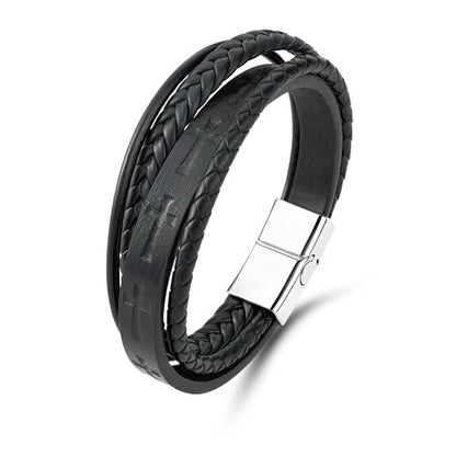 Mens Leather Cross Bracelet Multilayer Braided Wristband Bangle Bracelets with Stainless Steel Buckle Religious Gift for Men Brown/Black/Blue–8.3 inch - color: Black-1, size: 9in(Fits larger wrists)