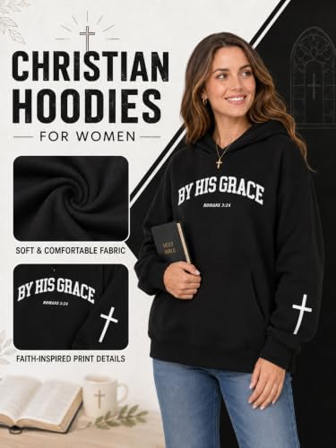 FAYALEQ Christian Sweatshirt By His Grace Letter Print Hoodie Christian Religious Sayings Sweater Bible Pullover Tops - color: Black, size: Medium