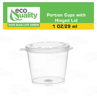 EcoQuality 1oz Plastic Condiment Souffle Cups with Attached Lids, 50 Packs