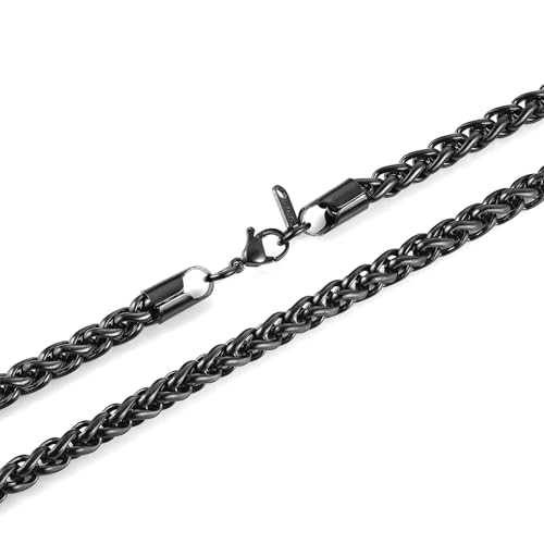 HZMAN Stainless Steel Wheat Chain for Men Women，Waterproof Necklace - color: 4mm Black, size: 28In