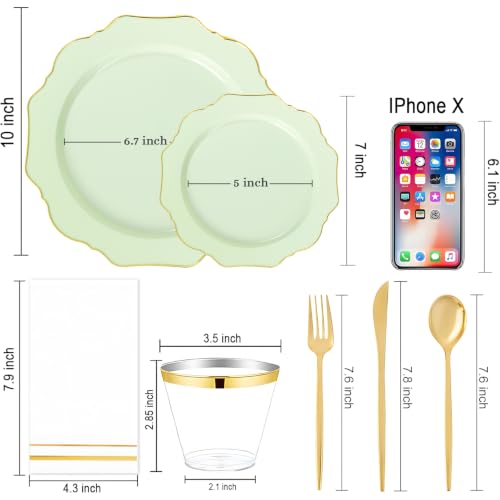 WDF 175Pcs Sage Green Plastic Plates With Gold Rim - Disposable Sage Green Plates 25guest Disposable Dinnerware Ideal for Party/Wedding/Holidays - color: Sage Green, size: 175 pieces