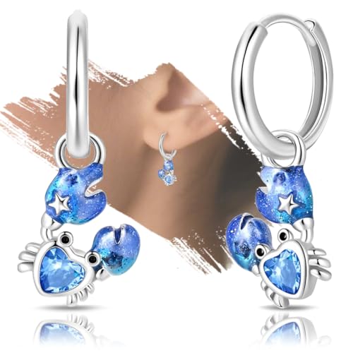925 Sterling Silver Cute Animal Unique Huggie Hoop Earrings for Women - color: Blue Crab
