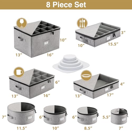 8pcs Hard Shell China Dinnerware Storage Containers with Lid - Heavy Duty Mug, Wine Glass, Platter, Silverware and Plate Storage Box - style: 8pc Set