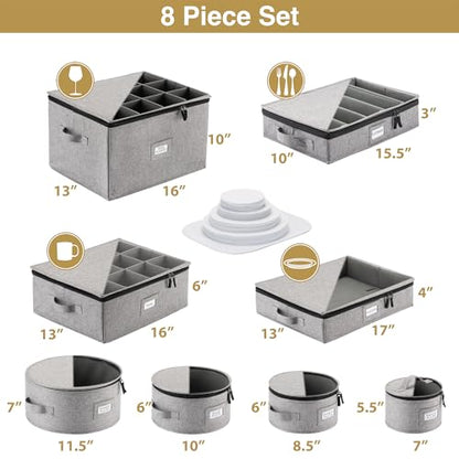 8pcs Hard Shell China Dinnerware Storage Containers with Lid - Heavy Duty Mug, Wine Glass, Platter, Silverware and Plate Storage Box - style: 8pc Set