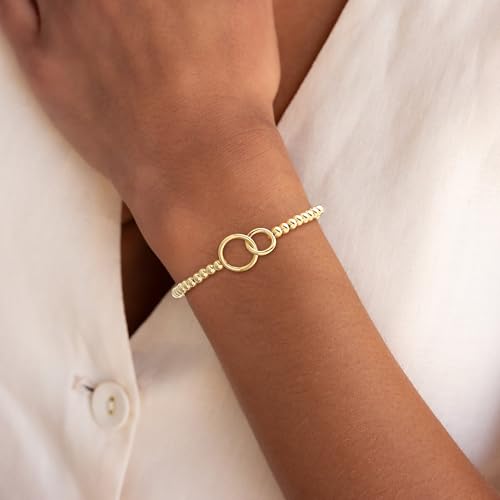 Beaded Bracelets for Women 14K Silver Gold Plated Stretch Handmade Ball Bracelets Cute Charm Bracelet Dainty Stackable Cross Heart Bow Wave CZ Circle Trendy Jewelry Easter Gifts - color: Gold-1