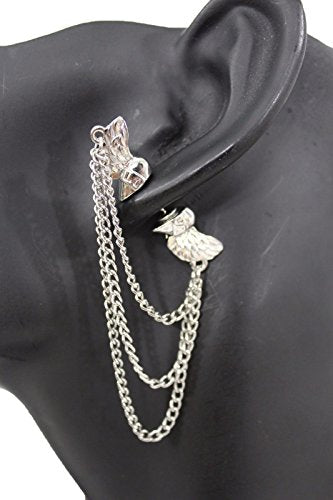 TFJ Women Fashion Stud Front and Back Earring Silver Angel Wings Chains Urban 1 Side