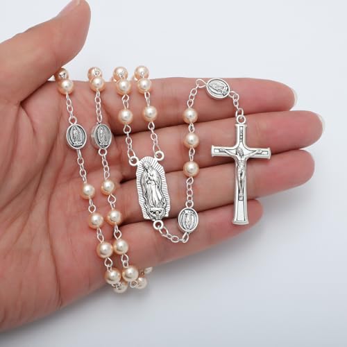 KOMI 6mm Glass Pearl Rosary Beads Catholic for Women with Metal Rosary Box Religious Gifts - style: Guadalupe-pink