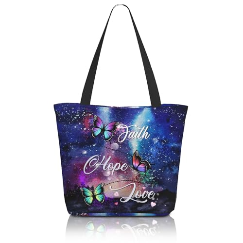 Women's Canvas Tote Bag with Zipper, Large Capacity Shoulder Bag for Work, Travel & Daily Use, Gifts for Mom - color: Faith Hope Love